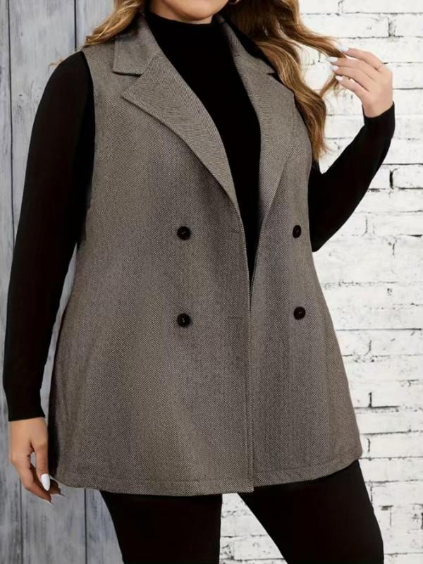  Solid Color Double Button Lapel Waistcoat, Casual Sleeveless Outerwear for Fall & Winter, Women's Clothes for Daily Wear