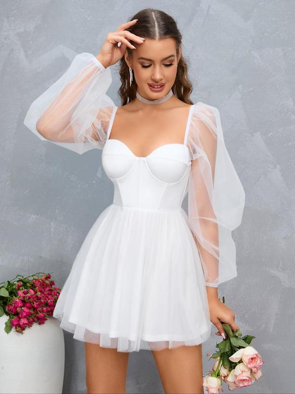 Women's Contrast Mesh Puff Sleeve Sweetheart Neck Flared Tulle Dress, Summer Clothes Women, Elegant Formal Mini Dresses for Evening Party Prom Wedding