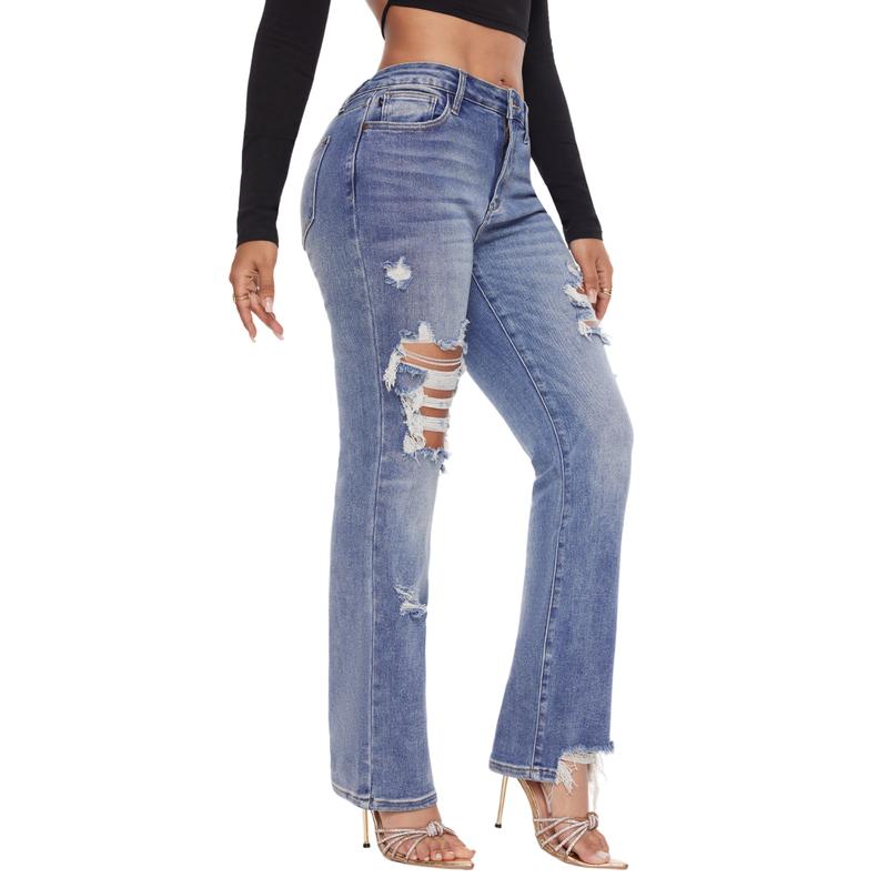 ~JB Women Mid-High Waisted Stretch Pants Ripped Regular Jeans Mid-Blue Straight Pants | Fashion Casual Denim Pant Vintage Ripped Skinny Jeans Women's Plain Pocket Straight '90s Street Style Good Looks Go With Everything Blackfriday Sale