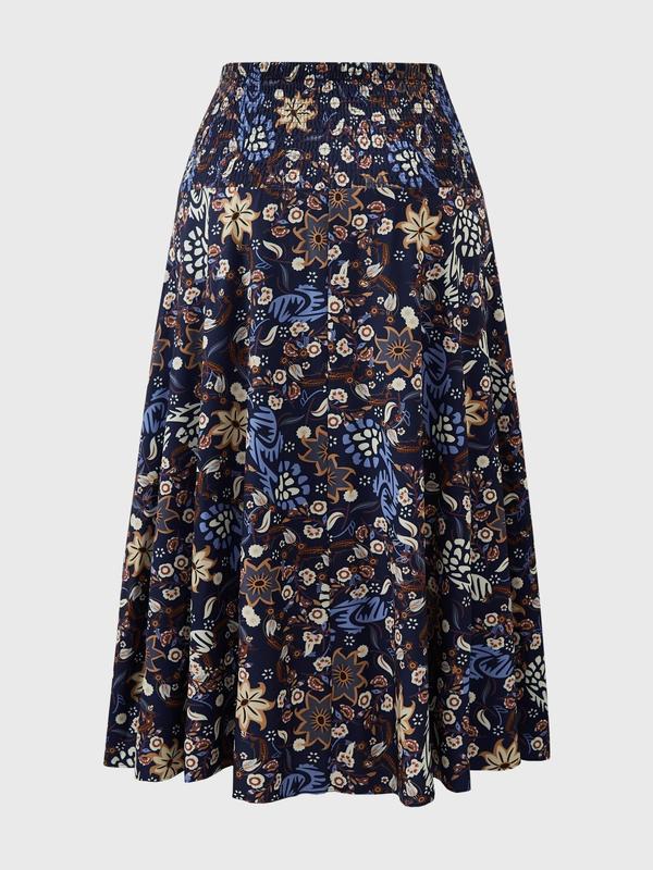  Vintage All Over Floral Print Shirred High Waist Skirt, Vacation Clothes, Boho Casual Long A Line Skirt for Holiday Vacation Daily Wear, Women's Bottoms for All Seasons, Skirts for Women, Fall Clothing, Vintage Clothing