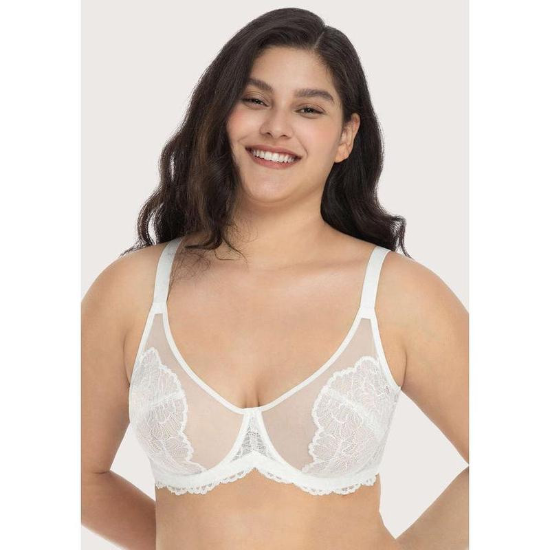 HSIA Blossom Floral Soft Lace Unlined Plus Size Minimizer Mesh Non-padded Full Coverage Underwire Bra Spandex