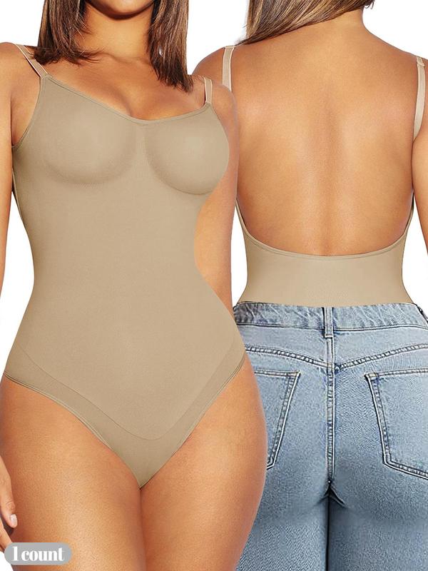 Women's Solid Adjustable Strap Backless Shapewear Bodysuit, Shapewear Bodysuit for Women, Tummy Control Thong Design Shaper, Adjustable Straps Backless Seamless Slim Shapewear