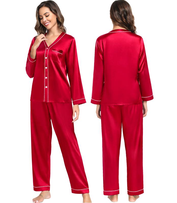 SWOMOG Couples costume Matching Pajamas Set Satin Long Sleeve Sleepwear Silk Button Down Nightwear Soft 2 Pieces Elastic Pajama Set Elastic Pajama Set