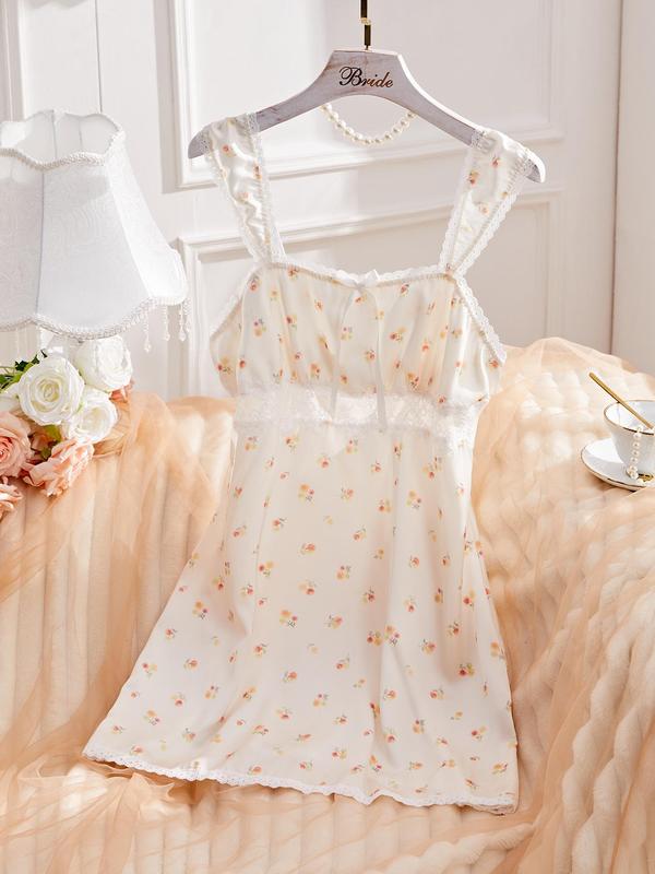 Women's Ditsy Floral Print Bow Decor Contrast Lace Cami Nightdress, Casual Soft Comfortable Spaghetti Strap Nightgown for Summer, Fashion Ladies' Sleepwear for Daily Wear