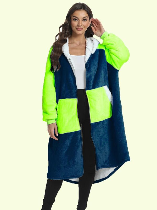 Women's Pocket Zipper Raglan Sleeve Flannel Lounge Robe, Casual Long Sleeve Hooded Thermal Lined Loungewear, Ladies Fall & Winter Sleepwear