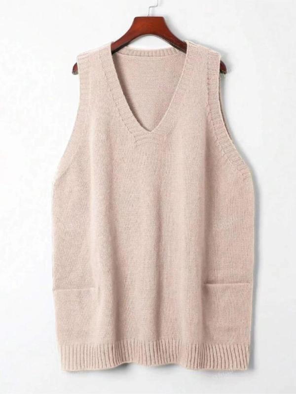 Women's Solid Pocket Deep V Neck Sweater Vest, Casual Sleeveless Jumper Vest for Fall & Winter, Women's Knitwear for Daily Wear