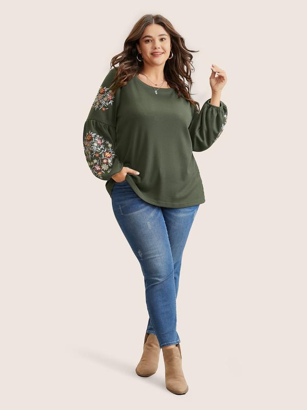 BloomChic Waffle Knit Floral Embroidered Lantern Sleeve T-shirt