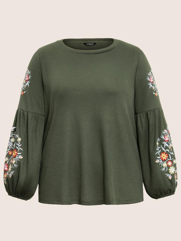 BloomChic Waffle Knit Floral Embroidered Lantern Sleeve T-shirt