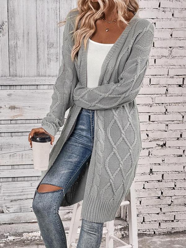 Women's Comfortable Plain Comfort Chunky Cable Open Front Long Cardigan, Basic Minimalist Womenswear, Casual Drop Shoulder Long Sleeve Cardigan, Women Knitwear for Fall & Winter, Cardigans for Women, Fall Clothing Women