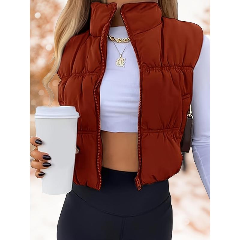 Cropped Sleeveless Puffer Vest for Women, Zip Up Stand Collar Padded