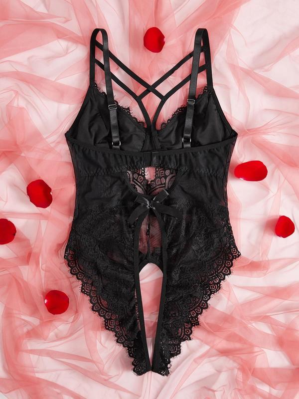  Contrast Lace Bow Decor Cami Lingerie Bodysuit, Adjustable Strap Backless Sheer Lingerie, Women's Underwear for All Seasons