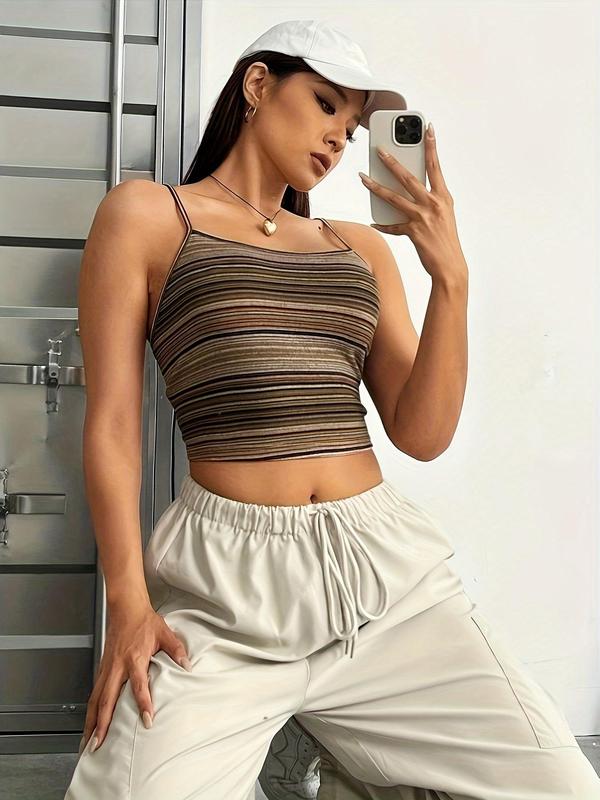 Women's Striped Print Backless Crop Cami Top, Y2K Clothes, Casual Streetwear Adjustable Spaghetti Strap Camisole for Summer, Ladies Clothes Top for Daily Wear