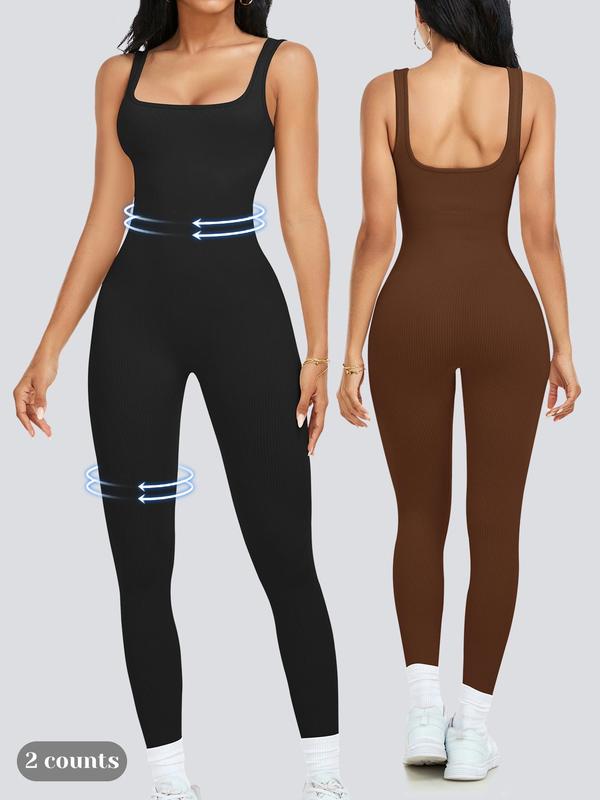 Women's Solid Square Neck Shapewear Jumpsuit, Casual  Bodysuit, Comfy Tummy Control Seamless Ribbed Jumpsuit for Daily Wear, Ladies Shapewear for All Seasons Tummy Control Bodysuit