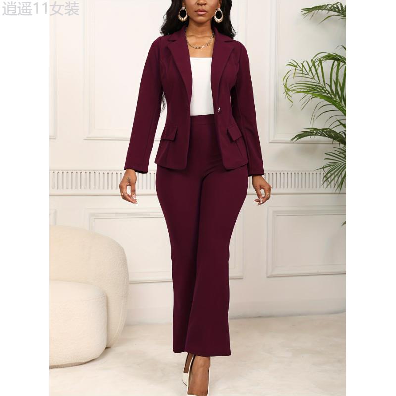 Elegant & Chic Women's Work Suit Set - Long Sleeve Blazer with Faux Pockets & Straight-Leg Pants, Stretchy Polyester Blend, Machine Washable Collar Fabric Collar Fabric Womenswear Bottom