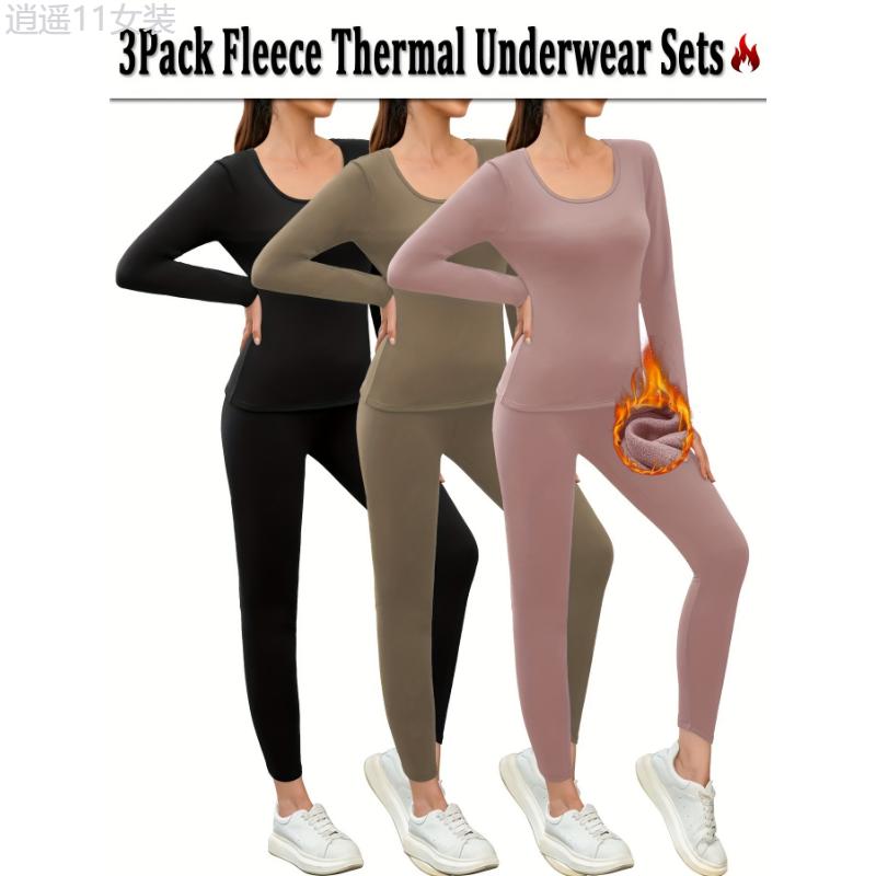 3-Pack Thermal Fleece Women'S Underwear Set - High Stretch Polyester Knit Fabric, Solid Color, Warm Lined Top and Sport Leggings - For Women - Ideal for Workout, Yoga, Loungewear, Cold Weather Pajamas - Perfect Gift for Winter Spandex Womenswear