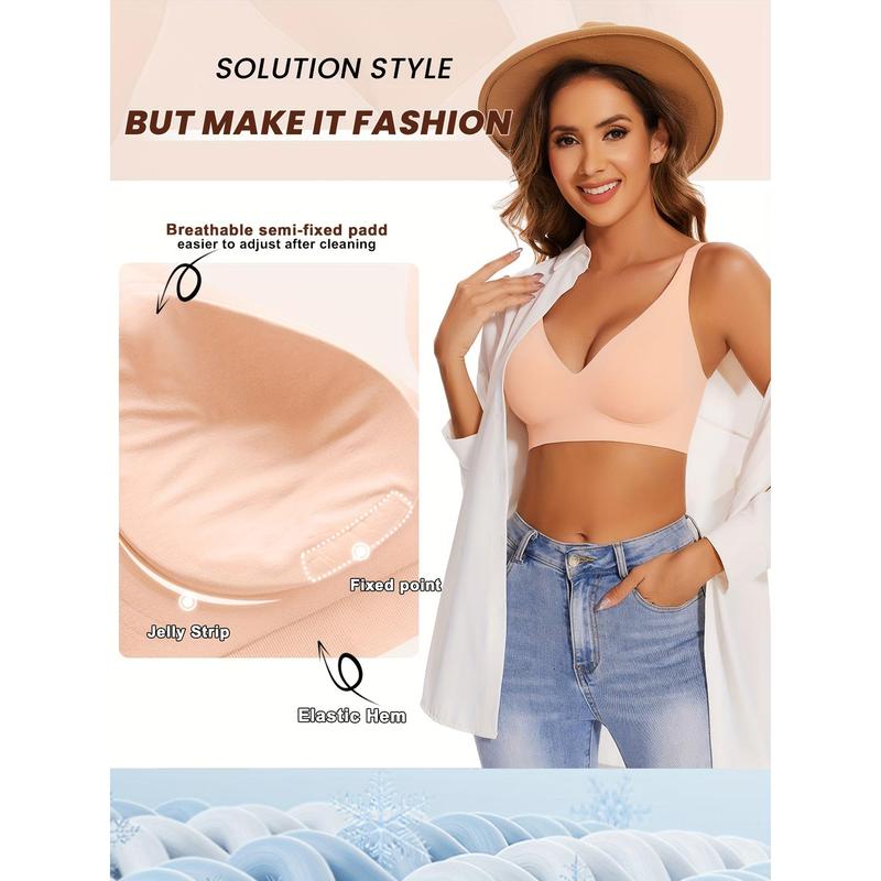 3-Piece Elegant Wireless Honeylove Bralette Bra, Comfy & Breathable Full Coverage Push Up Intimates Plunge Bra, No Underwire Deep V Smooth Bra, Women's Lingerie & Underwearh