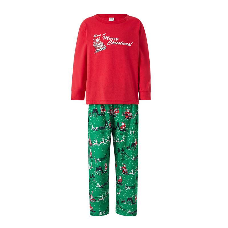 Red Green Family Matching Christmas Pajamas, Santa Claus Letter Print Long Sleeve Round Neck T-Shirt + Elk Print Pants, Dog Costume