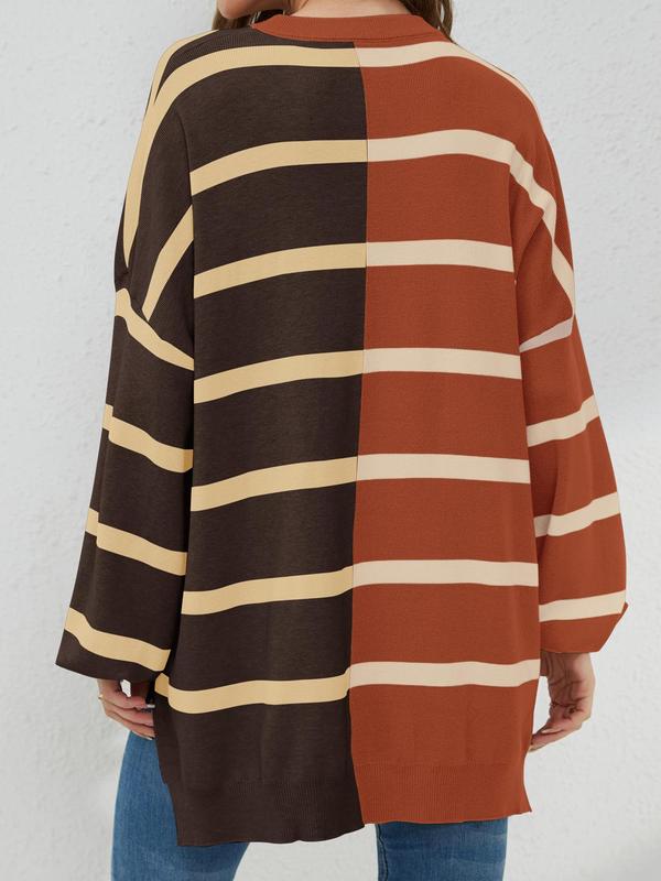 Women's Colorblock Striped Print Drop Shoulder Sweater, Casual Long Sleeve Round Neck Jumper for Spring & Fall,  Sweaters for Women, Fashion Women's Knitwear for Daily Wear