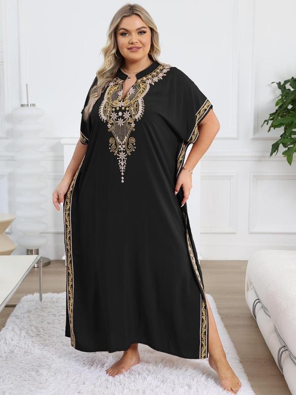  Ethnic Pattern Embroidered Split Kaftan Dress, Boho Notched Neck Batwing Sleeve Long Dress, Ladies Dresses, Dress in Club, Dresses for Women, Women's Summer Clothes, Summer Dresses 2024