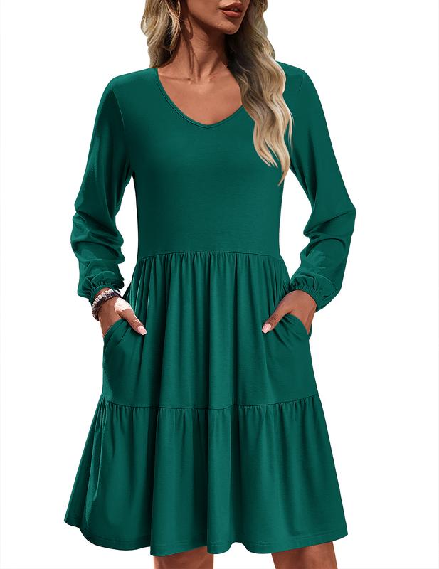 HOTOUCH Women Casual Tunic Dress V Neck Tiered Dress Long Sleeve Fit Swing Shift Dress with Pockets Loose Ruffled Dresses