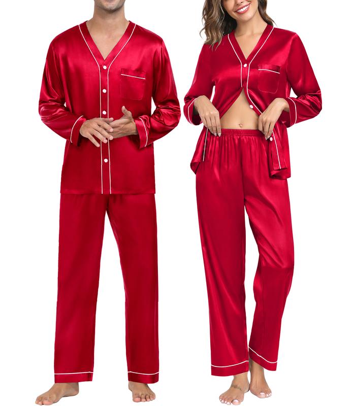 SWOMOG Couples costume Matching Pajamas Set Satin Long Sleeve Sleepwear Silk Button Down Nightwear Soft 2 Pieces Elastic Pajama Set Elastic Pajama Set