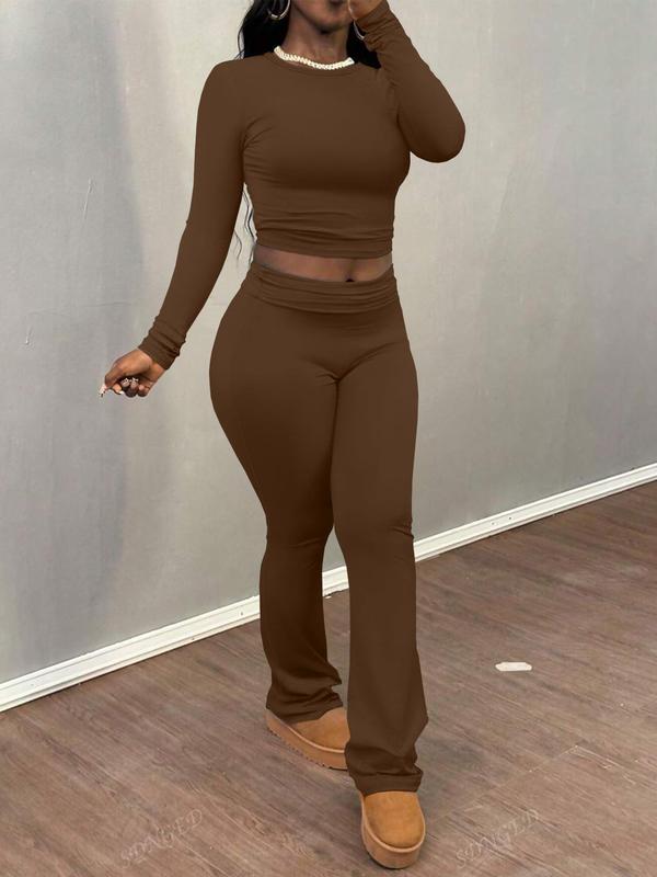 Women's Solid Color Ruched Tee & Flare Leg Pants Set, Casual Long Sleeve Round Neck Top & Bell Bottom Trousers Two  Piece Set for Fall & Winter, Women's Clothes for Daily Wear