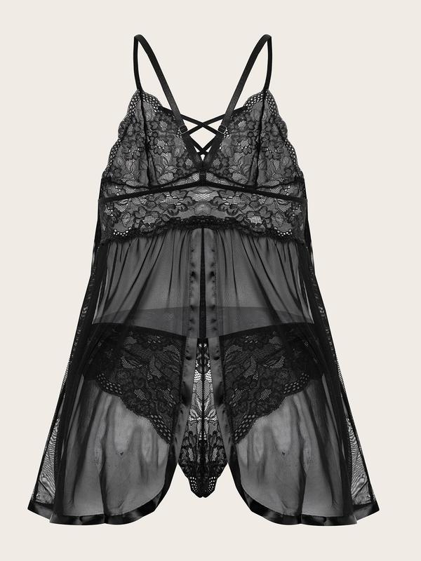 Plus Size Criss Cross Sheer  Sexy Lingerie Set, Adjustable Strap Cami Nightdress & Lace Thong Set , Women's Sleepwear Set for All Seasons