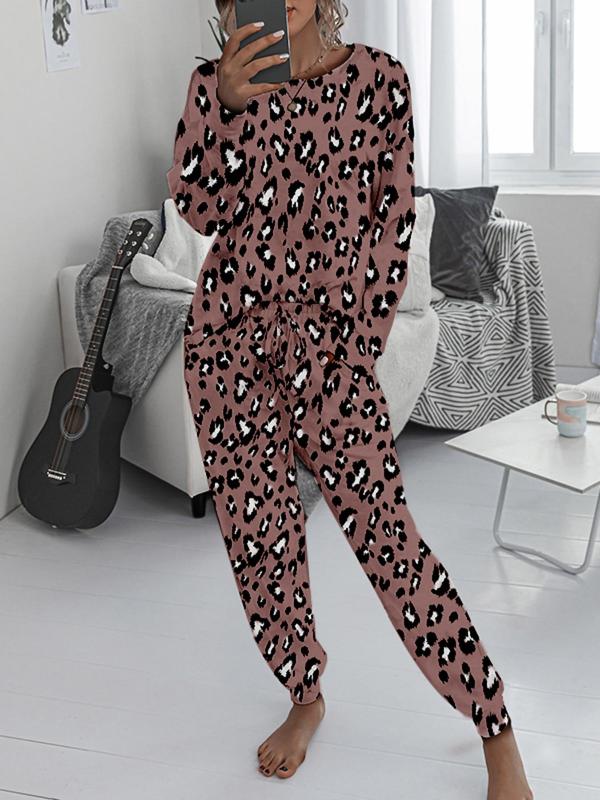 Women's Leopard Print Drop Shoulder Tee & Slant Pocket Tie Front Pants Loungewear Two-Piece Set, Casual Comfy Round Neck Long Sleeve Top & Elastic Waist Trousers PJ Set, Ladies Sleepwear for Spring & Fall, Fallfreshness, Fall Clothing, Fall Wear 2024