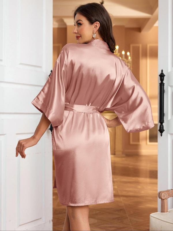 Women's Solid Color Satin Belted Bathrobe, Casual 3 4 Sleeve Open Front Robe for Women, Ladies Sleepwear for All Seasons