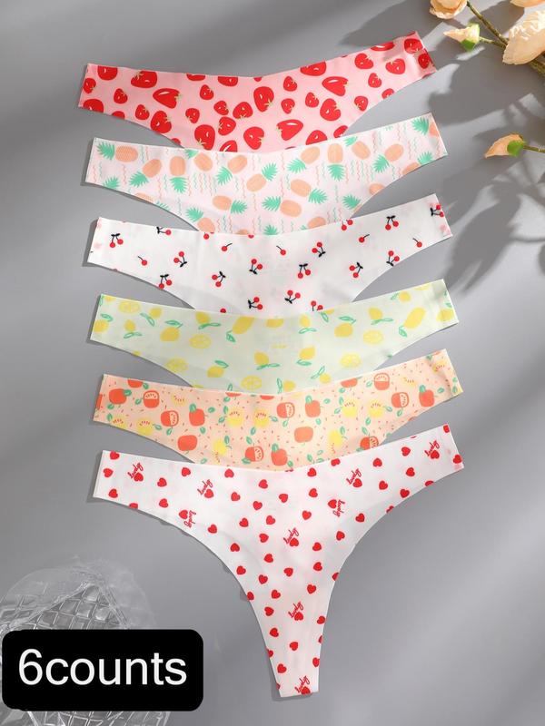 Women's All Over Fruit Print Drop Waist Thong, Soft Comfy Breathable Seamless Panty for Daily Wear, Underwear for All Seasons