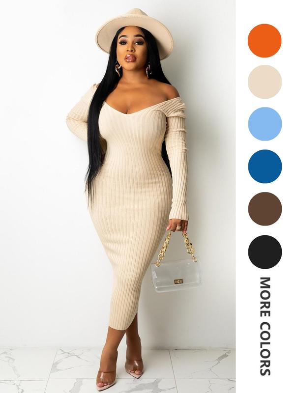 Women's Plain Ribbed V Neck Bodycon Dress, Casual Long Sleeve Midi Dress for Fall & Winter, Women's Clothing for Daily Wear Longsleeves