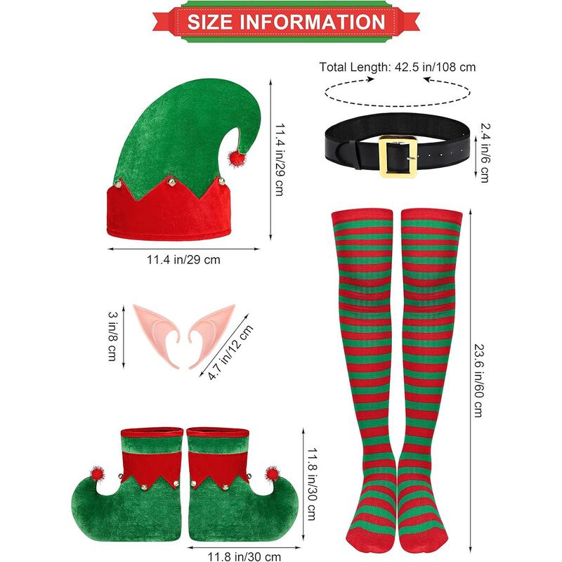 6 Pack Women Christmas Elf Costume Set Velvet Dress Santa's Helper Costume Xmas Outfit Elf Hat Shoes Ears Belt Socks