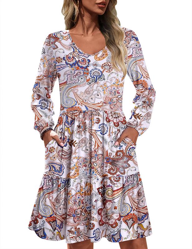 HOTOUCH Women Casual Tunic Dress V Neck Tiered Dress Long Sleeve Fit Swing Shift Dress with Pockets Loose Ruffled Dresses