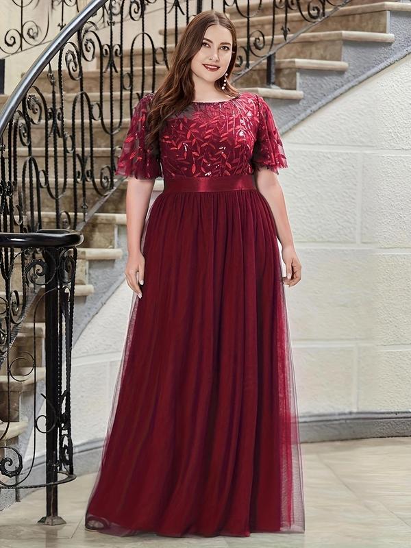 Plus Size Leaf Embroidered Sheer Boat Neck a Line Tulle Vintage Dress, Summer Clothes Women, Plus Elegant Short Sleeve Maxi Dress for Party Wedding Guest, Women's Clothes for Summer