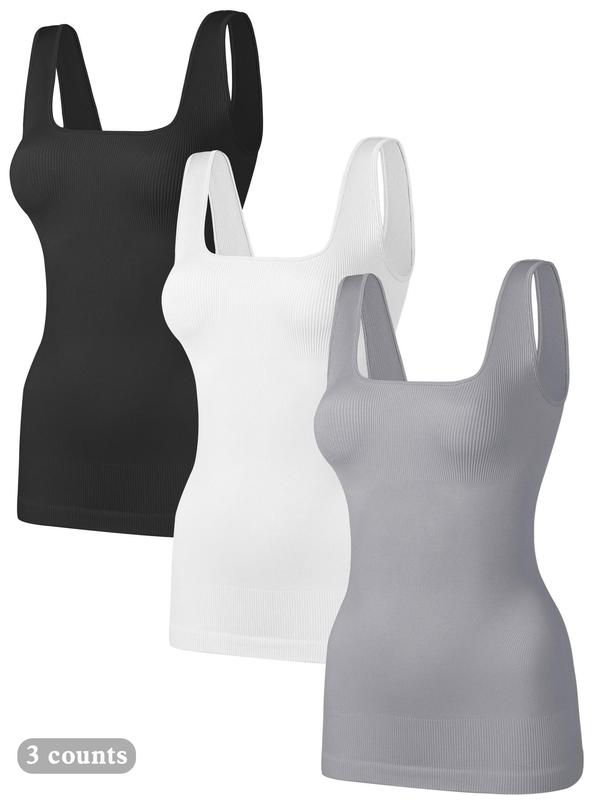 Women's Tummy Control Shapewear Tank Tops, Square Neck Seamless Ribbed Compression Tops, Solid Backless Slimming Body Shaper