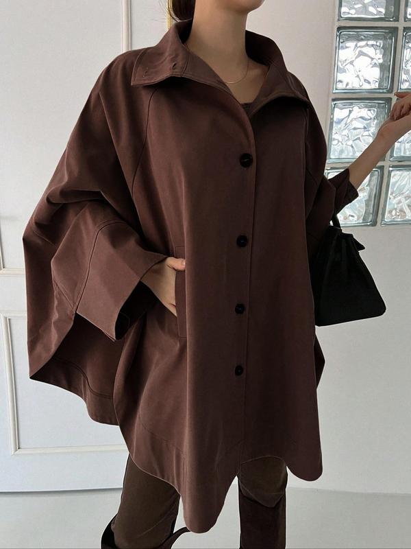 Women's Plain Pocket Button Front Coat, Elegant Batwing Sleeve Collared Long Sleeve Outerwear for Work Office Business,  Winter Clothes Women,  Ladies Clothes for All Seasons Jackets For Women