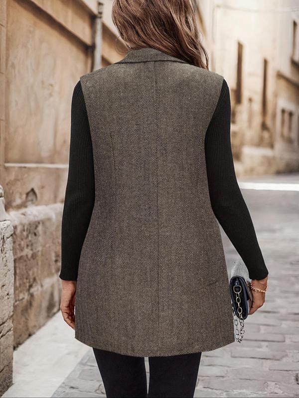 Women's All Over Herringbone Pattern Button Front Vest Blazer, Casual Lapel Neck Sleeveless Outerwear for Daily Wear, Ladies Clothes for All Seasons