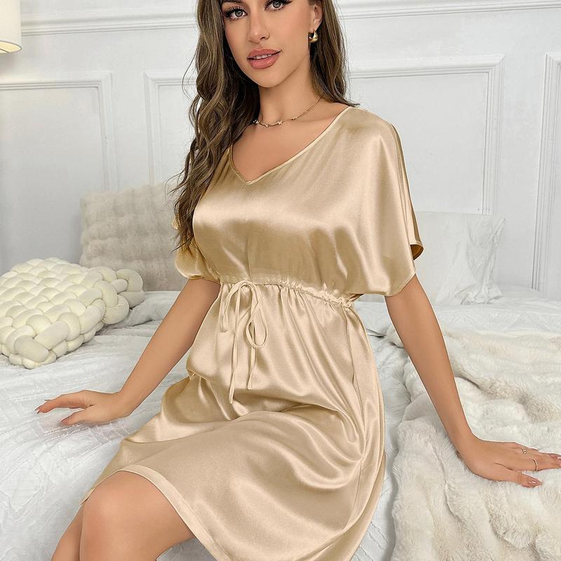 Women's Silk Satin Nightgown, Summer Sexy Batwing Sleeve Drawstring Home Dress, Women's Ice Silk Nightgown, Mature Style night  gown