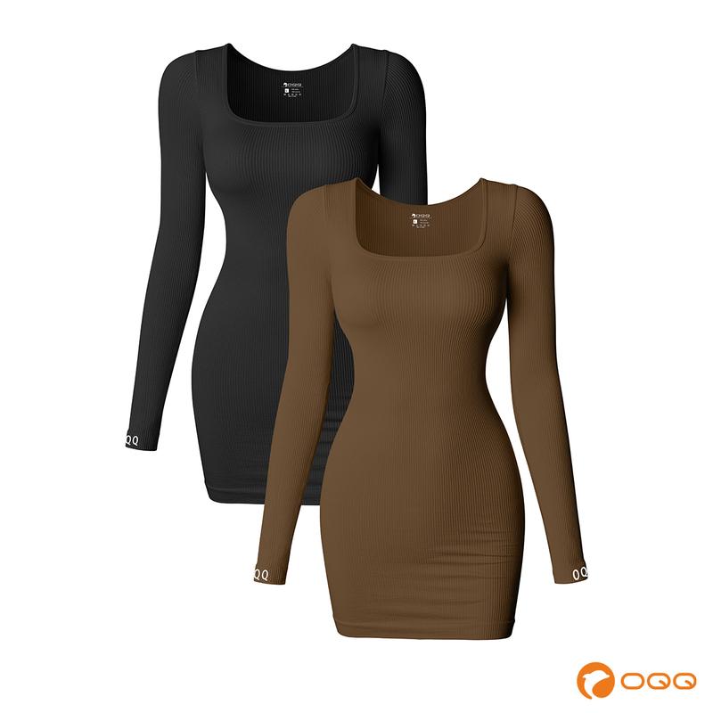 OQQfitness Womenswear Stretchy Ribbed Longsleeves Comfort Soft Basic Square Neck Lady Sexy Dress Casual Polyester