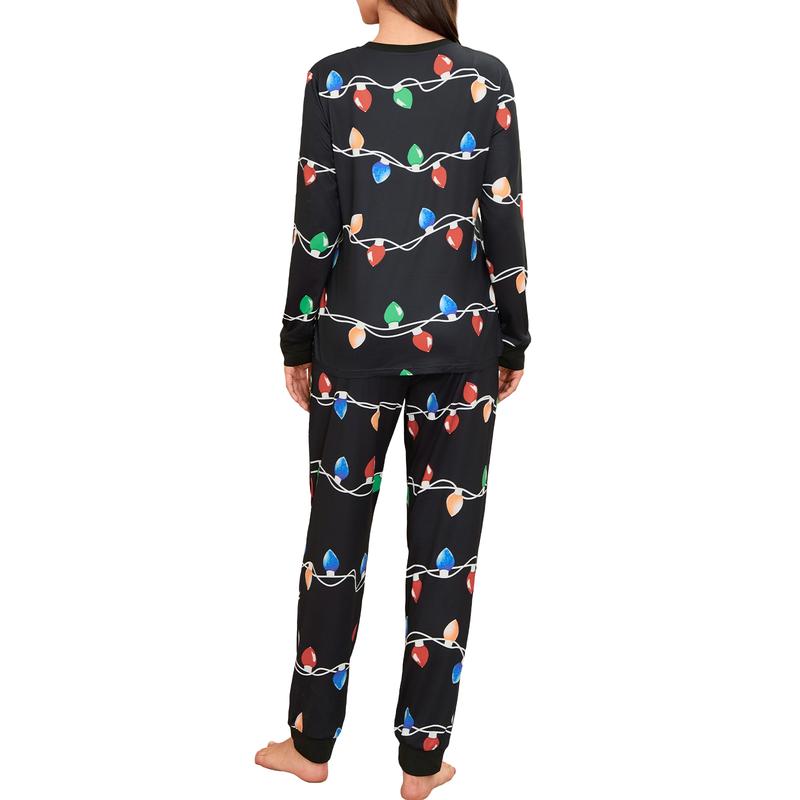 Family Matching Christmas Pajamas Set String Light Print Long Sleeve Tops Elastic Waist Long Pants