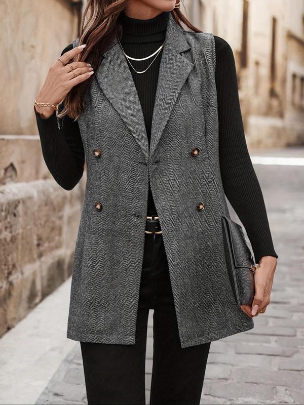 Women's All Over Herringbone Pattern Button Front Vest Blazer, Casual Lapel Neck Sleeveless Outerwear for Daily Wear, Ladies Clothes for All Seasons