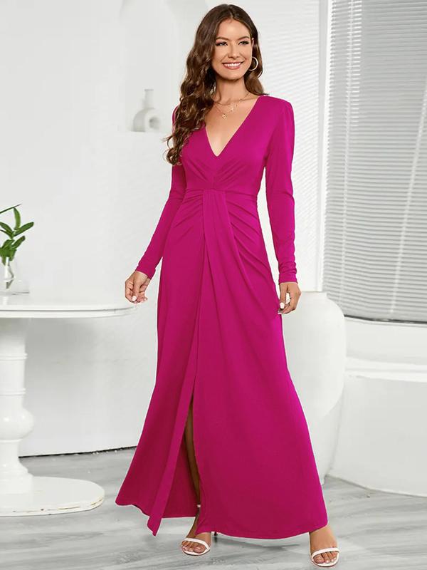 Women's Plain Ruched Split Thigh Wrap Dress, Deep V Neck Long Sleeve A Line Dress for Party Prom Holiday Wedding Guest, Ladies Spring & Fall Clothes