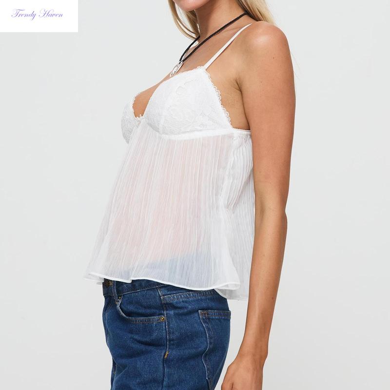 Women's Pleated Camisole Mini Bowknot Front Spaghetti Strap V-Neck Lace Cropped Tops