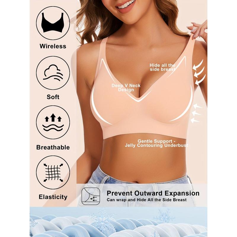 3-Piece Elegant Wireless Honeylove Bralette Bra, Comfy & Breathable Full Coverage Push Up Intimates Plunge Bra, No Underwire Deep V Smooth Bra, Women's Lingerie & Underwearh