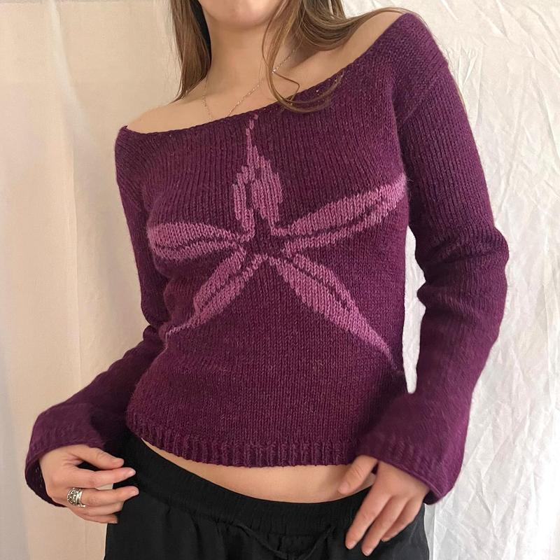 Women's Off Shoulder SweaterGraphic Print Long Sleeve Knit Tops Vintage Streetwear Knitwear Womenswear