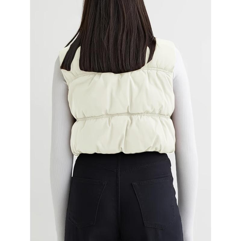 Cropped Sleeveless Puffer Vest for Women, Zip Up Stand Collar Padded