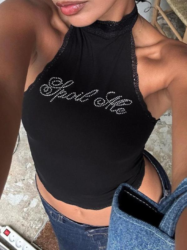 Women's Letter Rhinestone Decor Backless Halter Neck Tank Top, Street Fashion Contrast Lace Sleeveless Top For Summer, Ladies Clothes For Daily Wear