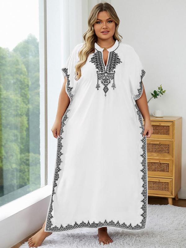  Ethnic Pattern Embroidered Split Kaftan Dress, Boho Notched Neck Batwing Sleeve Long Dress, Ladies Dresses, Dress in Club, Dresses for Women, Women's Summer Clothes, Summer Dresses 2024