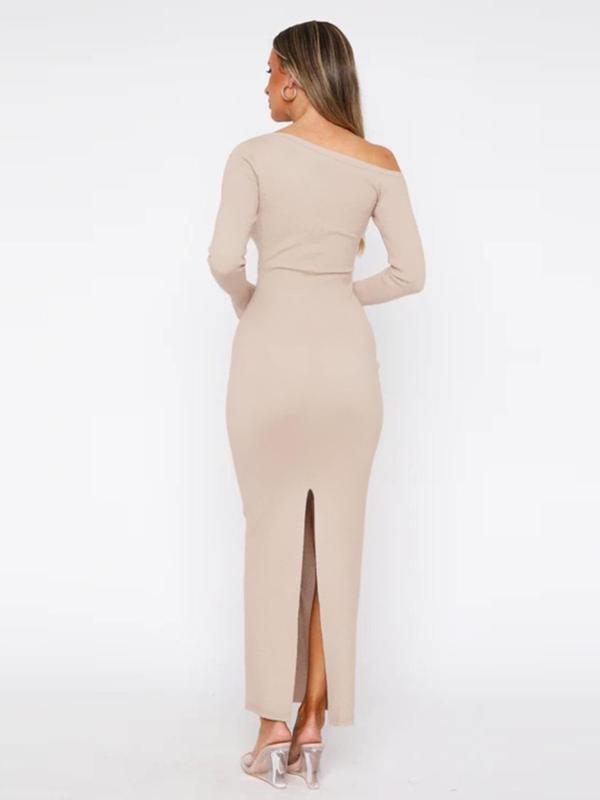 Women's Plain Asymmetrical Neck Split Hem Bodycon Dress, Elegant Long Sleeve Midi Dress for Party Club Dating Wear, Women's Clothing for Fall & Winter