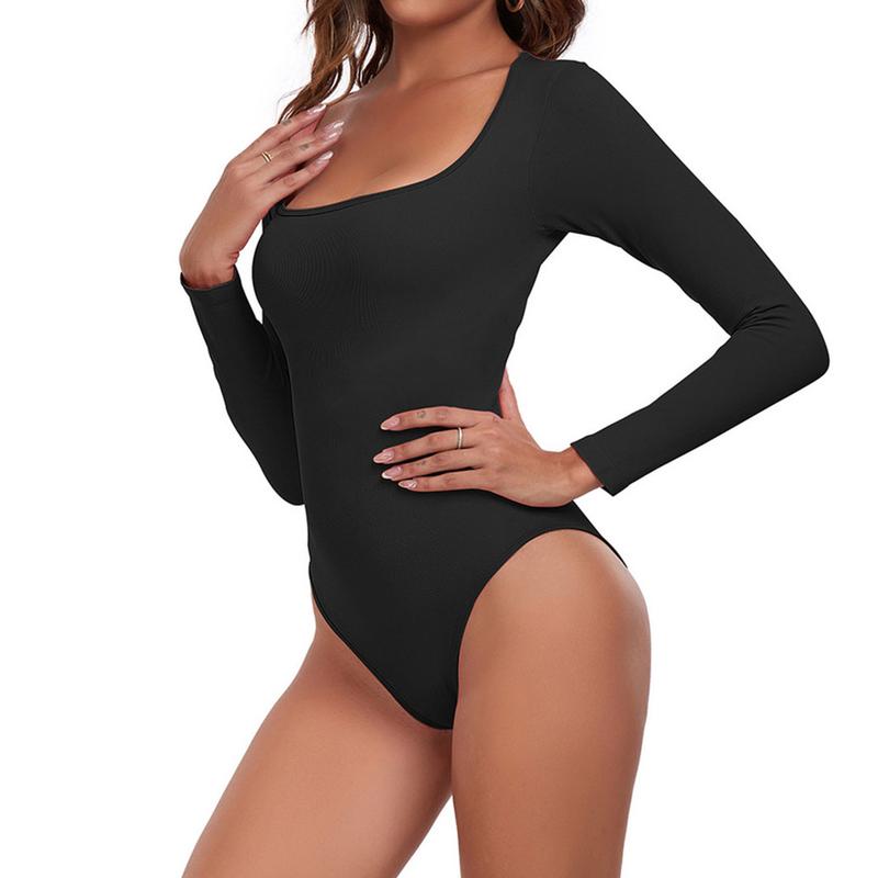 Women's Square Neck Long Sleeve Bodysuit Tops Sexy Ribbed One Piece Square Neck Long Sleeve Bodysuits Comfy Slimming Going Out Top